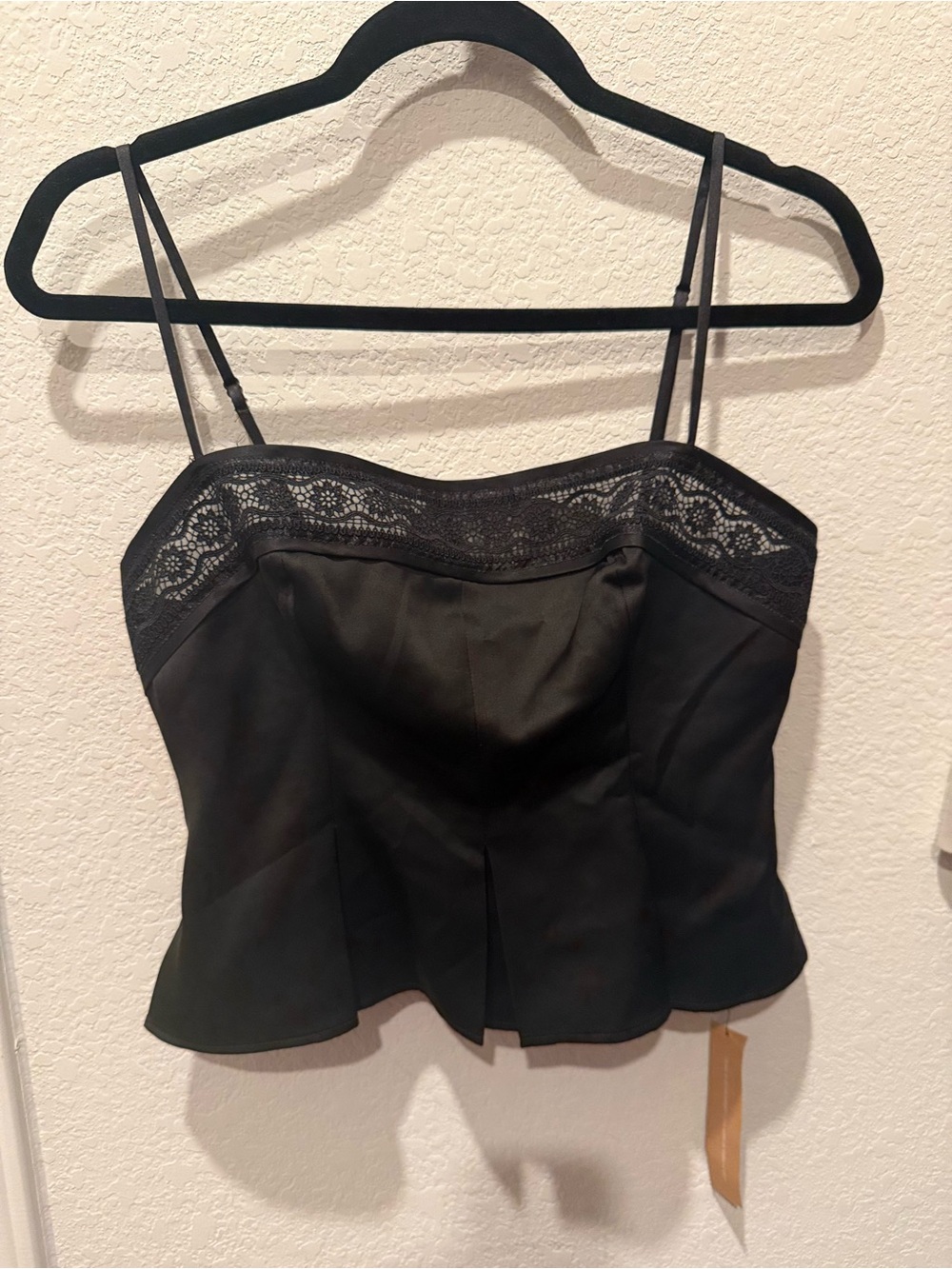 Reformation Black Lace-Trim Spaghetti Strap Peplum Tank